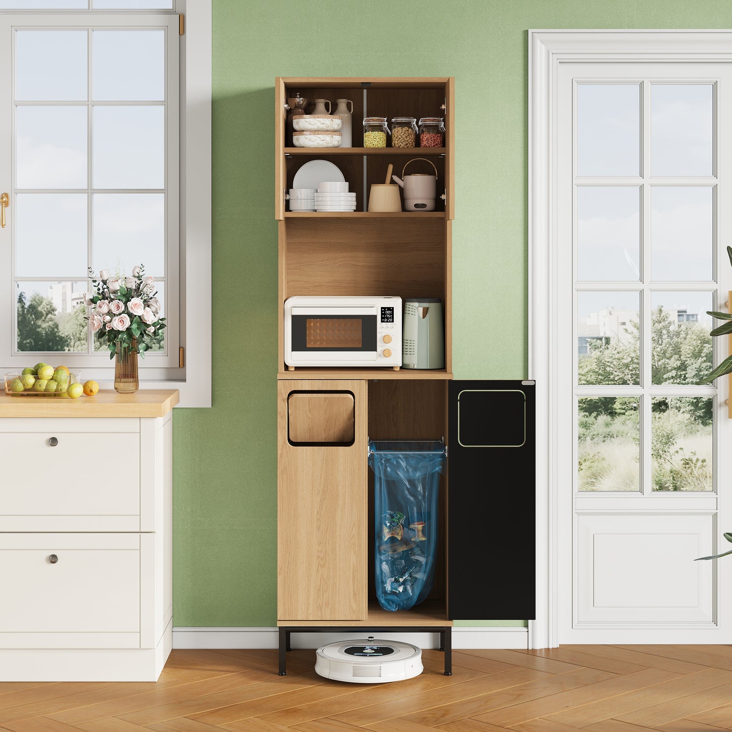 Trash Cabinet, Kitchen Cabinet With Rubbish Shelf, 181cm Tall Cabinet In Oak Look & Black, Microwave Compartment, Storage Space For Vacuum Cleaner, 53x35x181cm