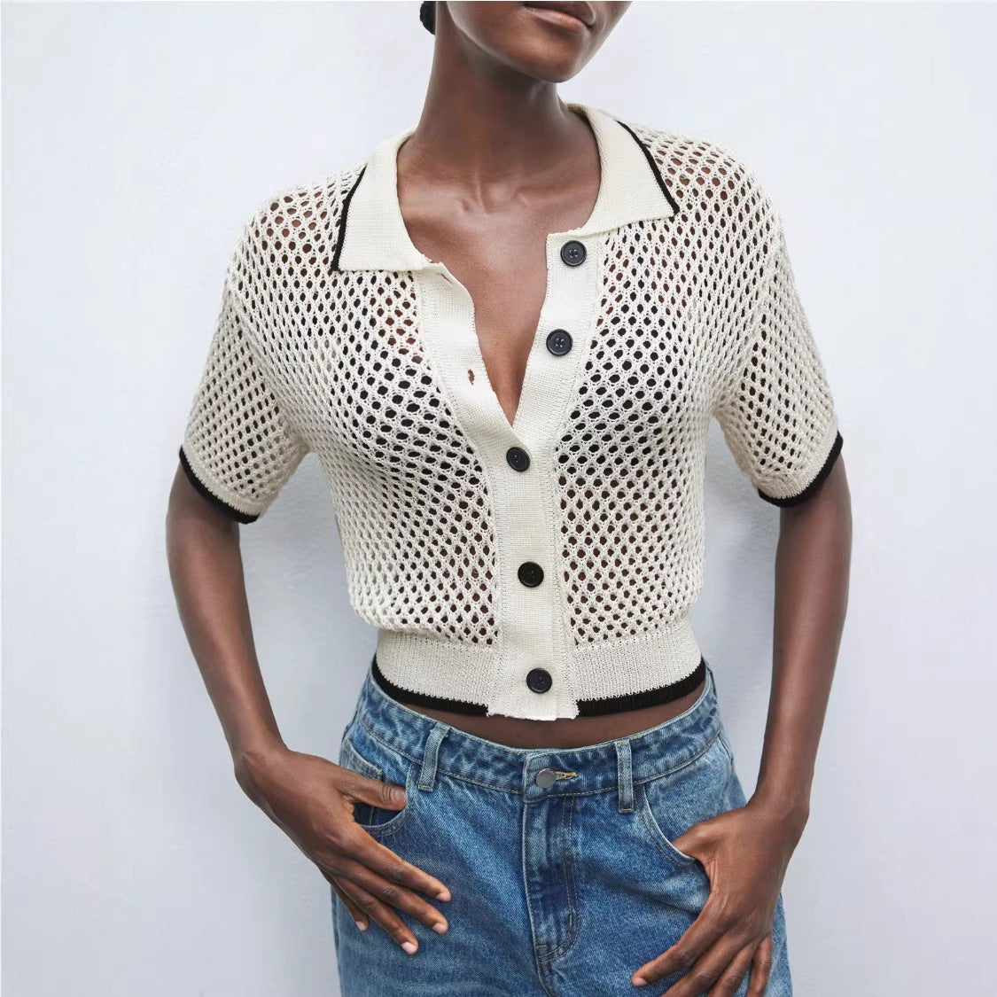 Womens Fashion Hollow-Out Lapel Knit Sweater