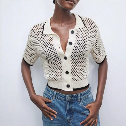 Womens Fashion Hollow-Out Lapel Knit Sweater
