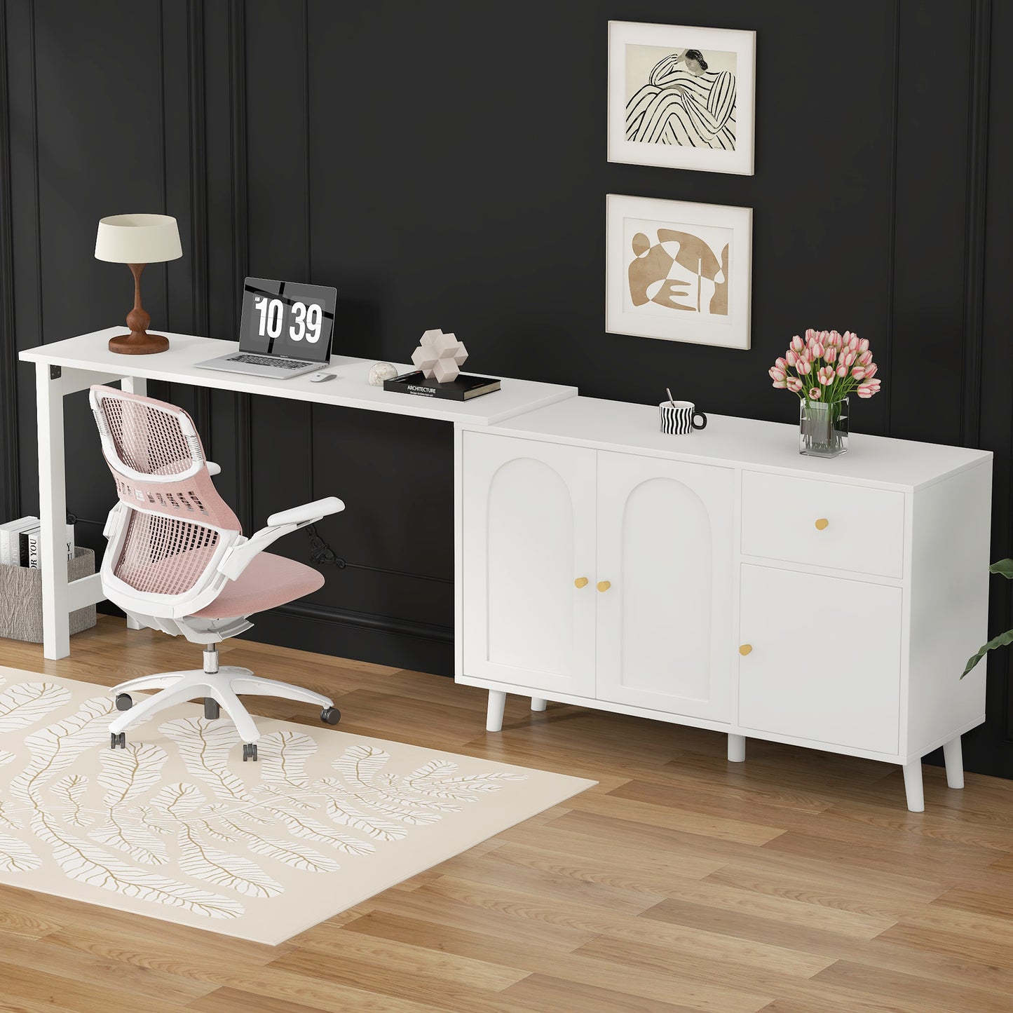 Multifunctional 2 In 1 Desk And Sideboard  360 Swivel, 3 Doors 1 Drawer  Elegant Computer Desk, Corner Desk, Dressing Table, Desk, Sideboard