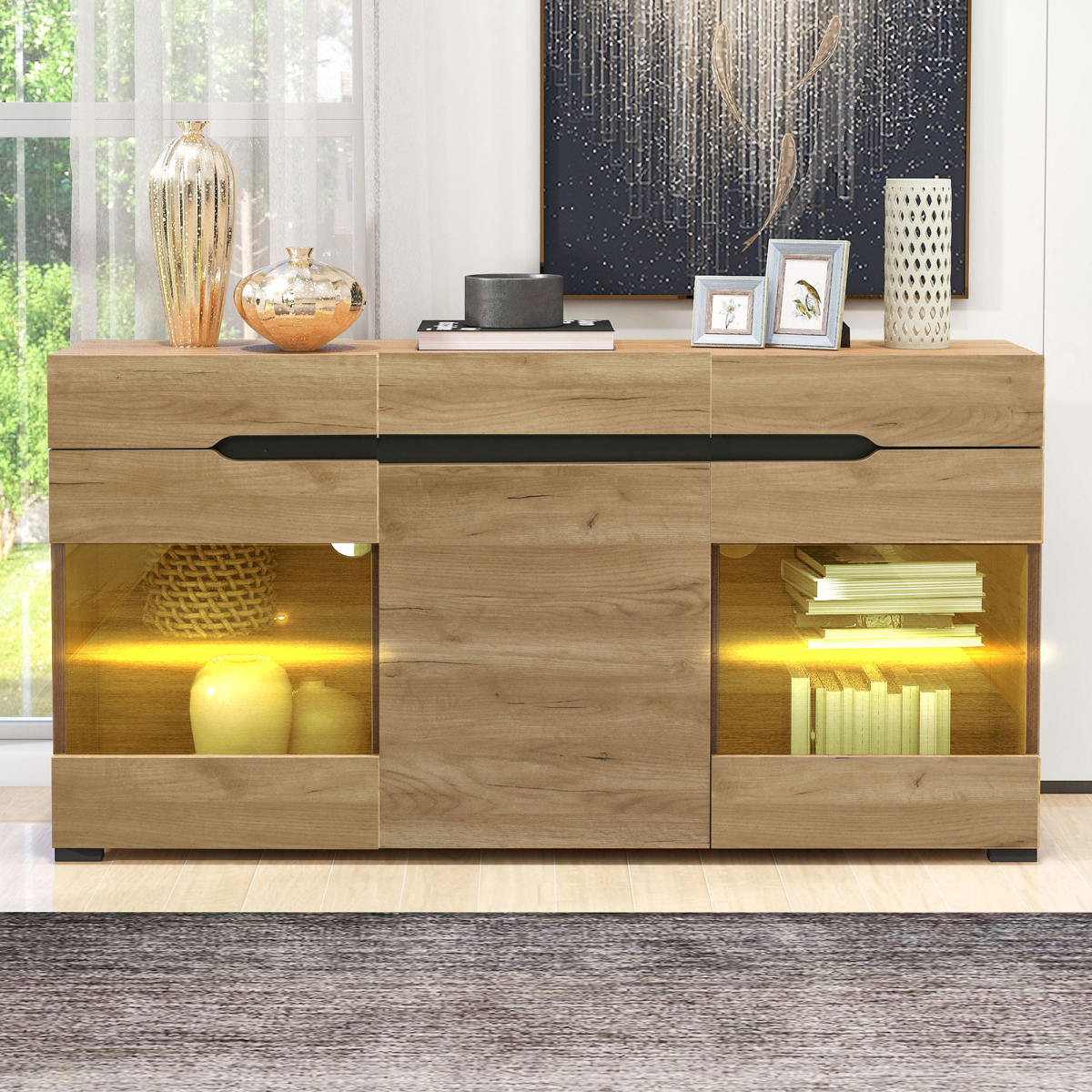 LED Sideboard Cabinet Modern Living Room Credenza Furniture 3 Doors 3 Drawers Modern Dresser With Plenty Of Storage For Your Living Area