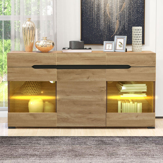 LED Sideboard Cabinet Modern Living Room Credenza Furniture 3 Doors 3 Drawers Modern Dresser With Plenty Of Storage For Your Living Area