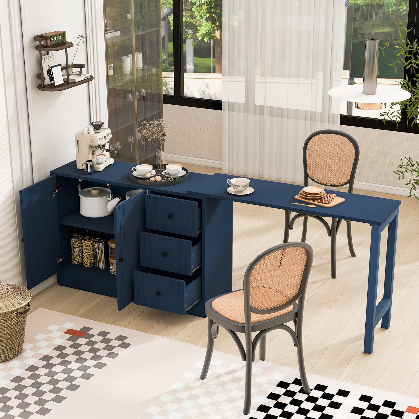 U STYLE 89.7 Wooden Sideboard With Extendable Table Multifunctional Storage Cabinet With 2 Doors And 3 Drawers For Living Room Study Foyer And Kitchen