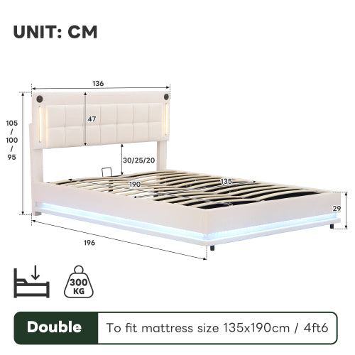 4ft6 Double LED Hydraulic Bed With Charging Station, Adjustable Square Tufted Headboard With Intelligent Control Light, Soft Velvet Bed Frame With USB And Type - C Ports, Beige