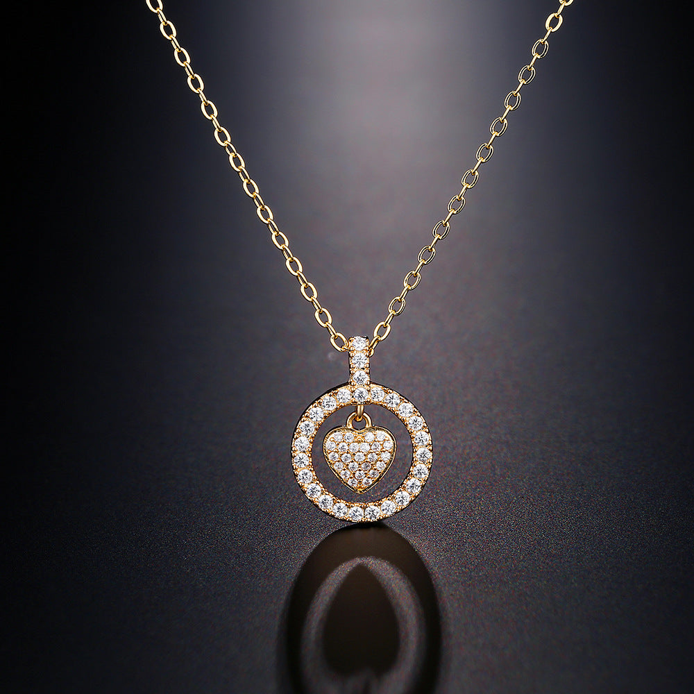 Korean And Japanese Popular Jewelry Heart-Shaped Zircon Necklace Double Circle Hollow Pendant Clavicle Chain European And American Cross-Border Fashion Simple Accessories For Women