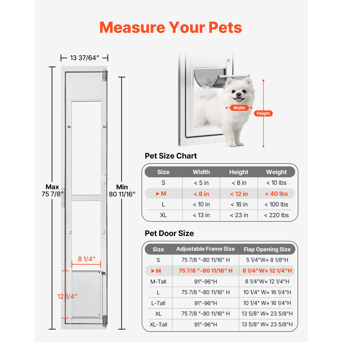 Dog Door For Sliding Glass Door, 75 7  8  To 80 11 16 Adjustable Height, Aluminum Alloy Frame With Flap, Lock Design, For Medium-Sized Dogs, 180 Swing-Open Sliding Glass Pet Doors For Renters