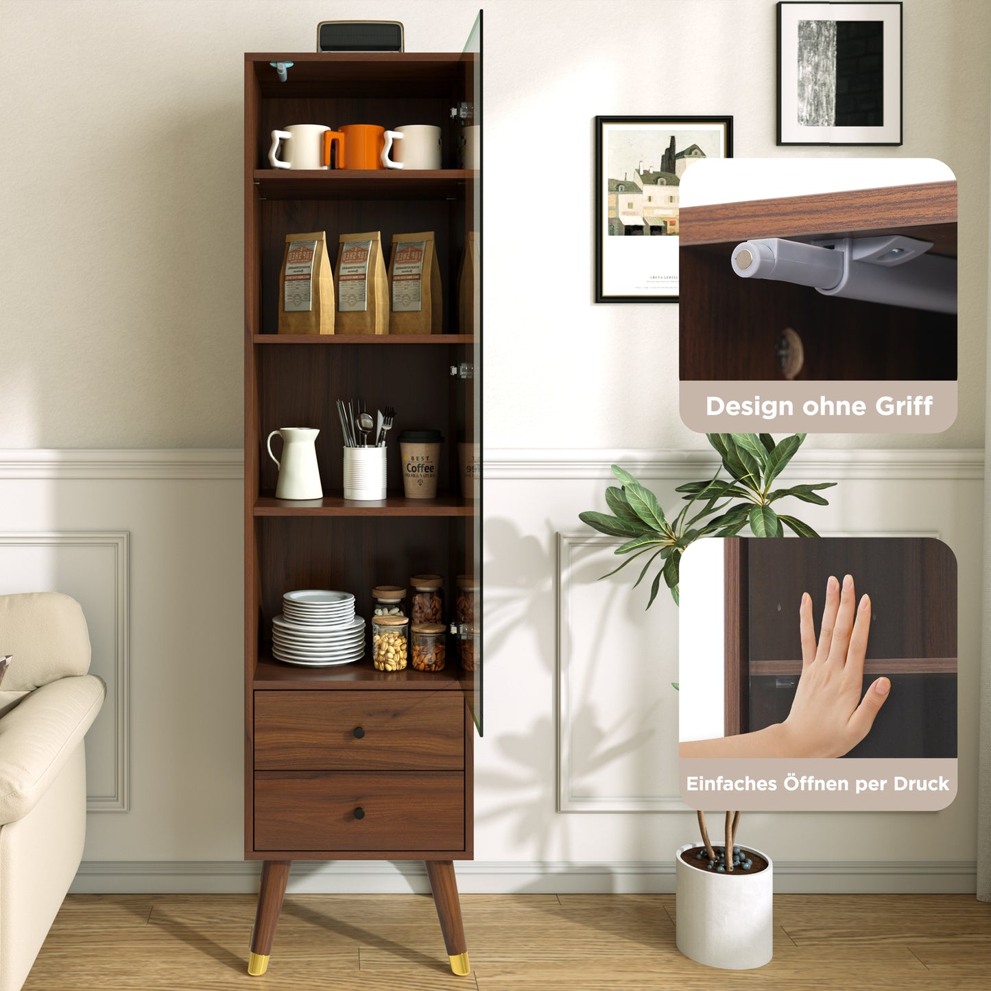 Modern Tall Cabinet With Glass Door, Display Cabinet With Adjustable Shelves And 2 Drawers, Standing Cabinet For Living Room, Bathroom & Office In Walnut Look