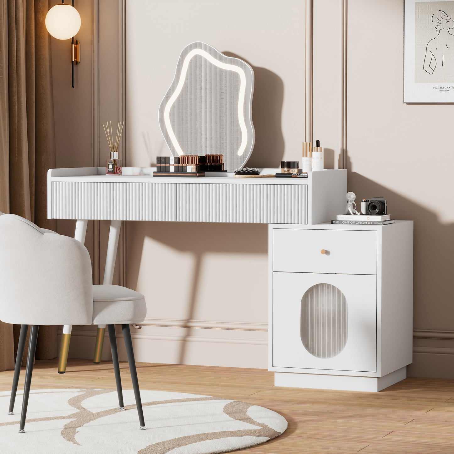 Dressing Table With LED Mirror And Lighting - White Dressing Table Set For Bedroom With Three Spacious Drawers And A Door - Dimensions W100 H75 D40 Cm Without Stool Old Sku RN3190801AAW