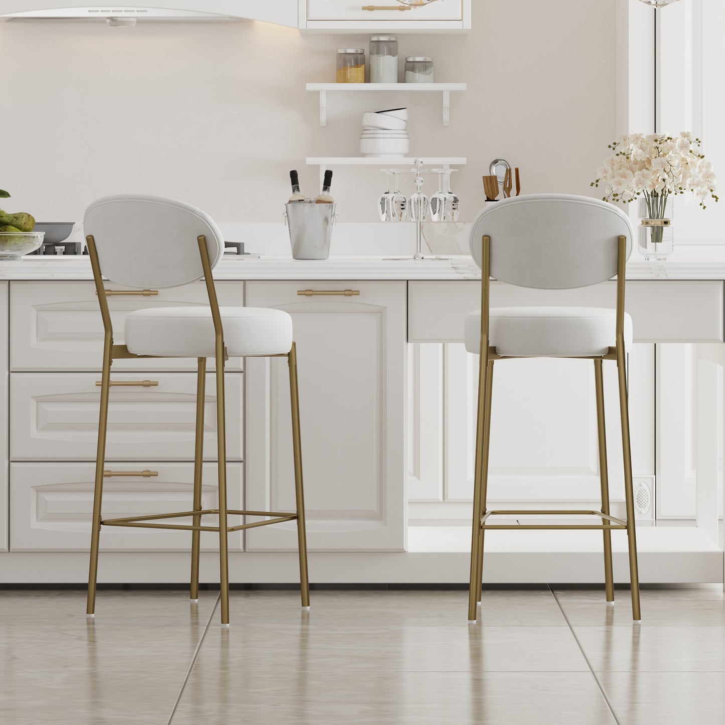 29  Upholstered Bar Stools Velvet Counter Stool With Backrest & Footrest Set Of 2 Round Dining Chairs For Kitchen Creamy White