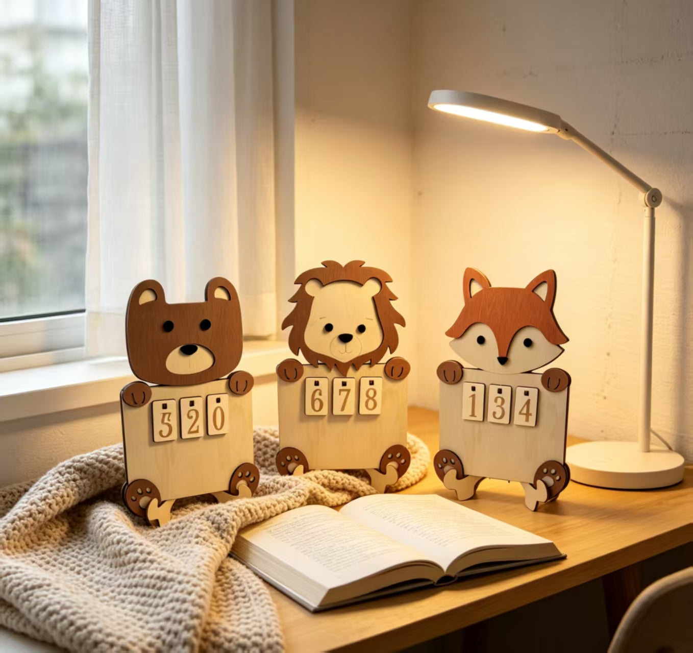 Wooden Animal Reading Tracker Calendar Bear Fox Lion Kids Reading Journey Counting Sign Nursery Decor
