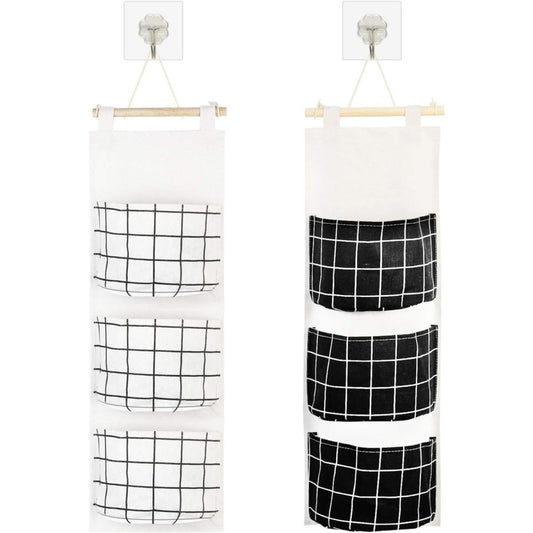 2-piece Set Of Hanging Storage Bags With Various Patterns In Black And White, Featuring 3 Bags, Suitable For Living Rooms, Bathrooms, Bedrooms, Offices, And Doors