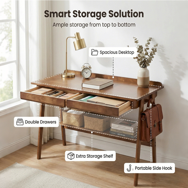 Solid Wood Writing Desk, Home Office Desk For Small Spaces, Mid Century Modern Desks With 2 Drawers & Storage Shelf, Standing Desk With Side Hooks For Study, Bedroom, Office  Walnut
