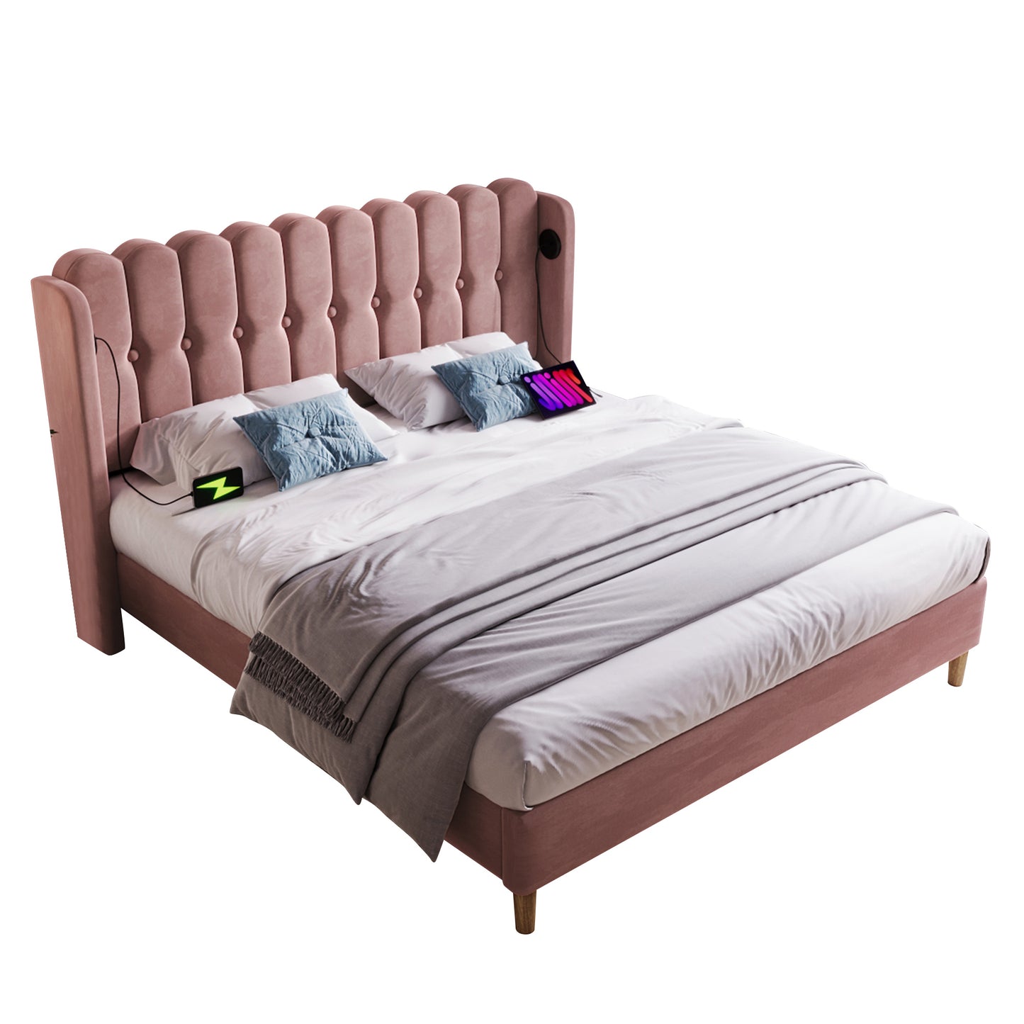 Upholstered Double Bed With USB And Type-C Charging, Bed Frame With Wooden Slatted Frame, Teenager Bed For Bedroom & Guest Room, 4ft6 135 X 190 Cm Bed Frame, Pink, Velvet Material
