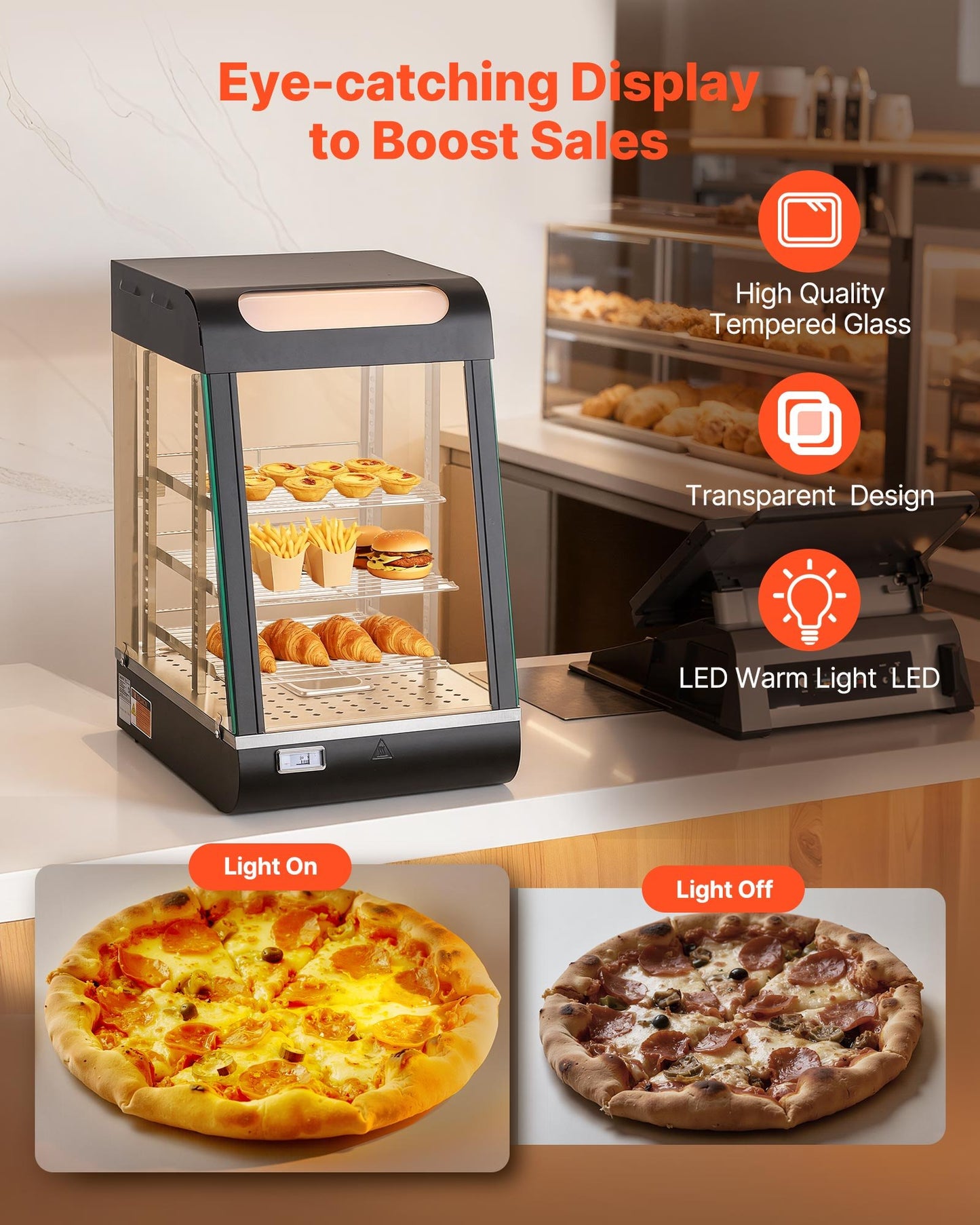 3-Tier Commercial Food Warmer Display, 800W Food Display Warmer With LED Light, Top Storage And Adjustable Shelves, 86℉~185℉ Steam Heating, 60 Qt /57L For Hamburger, Pizza, Bread, Fried Chicken