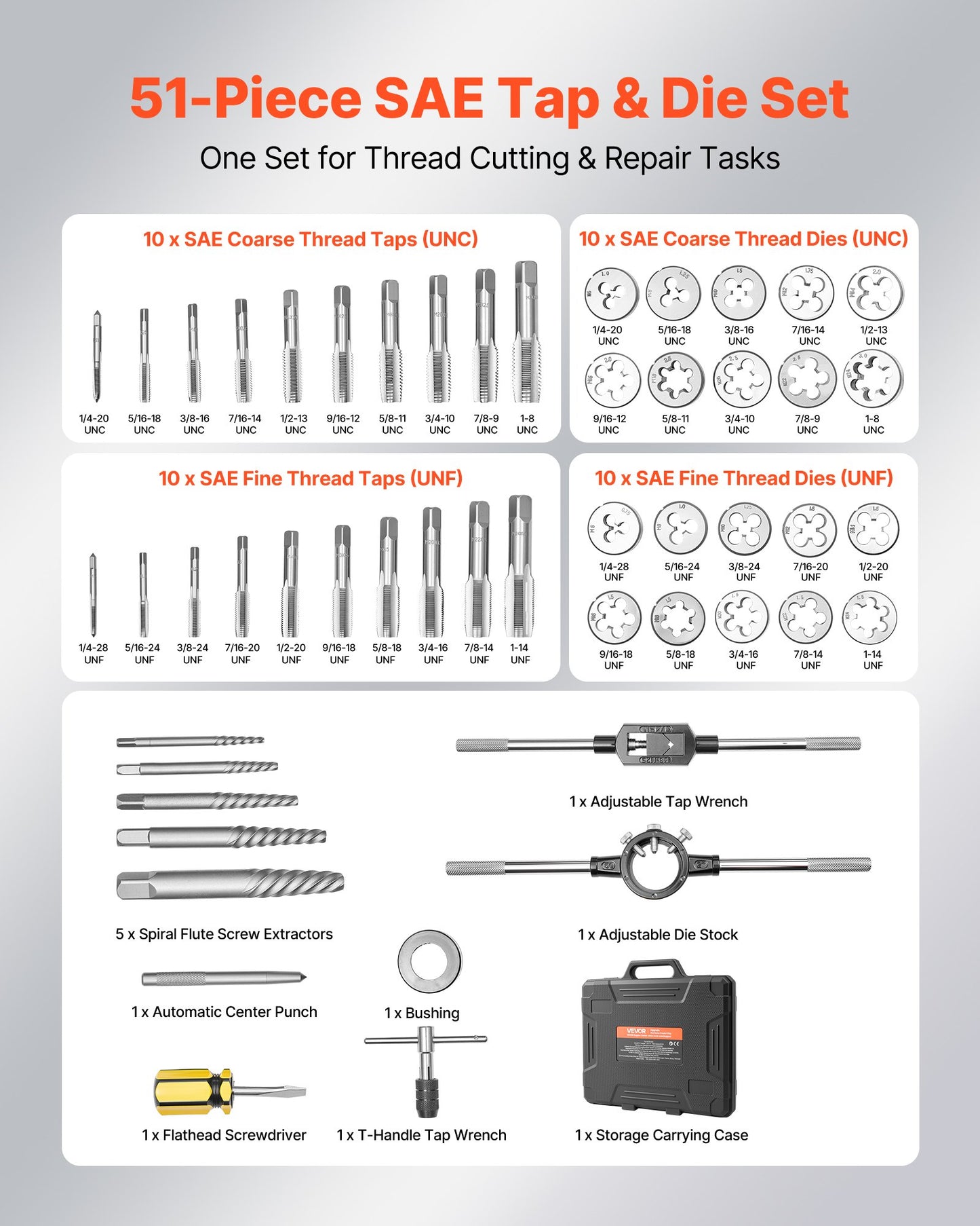 Tap And Die Set, 51-Piece SAE Sizes 1/4" To 1", With Coarse And Fine Thread Taps And Dies, Wrench, Carrying Case And Complete Accessories, Bearing Steel, For Threading And Rethreading Threads