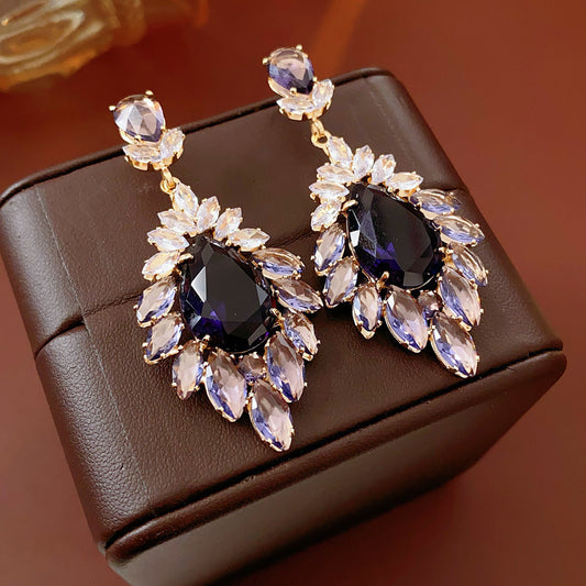 S925 Silver Post Vintage Crystal Rhombus Fringe Earrings Female Diamond Tassel Fashion