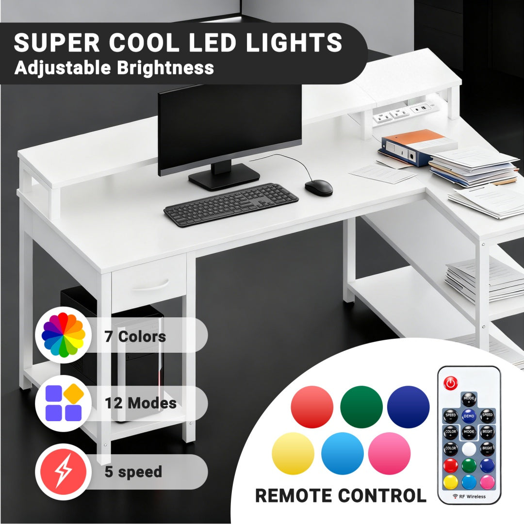 53-inch Gaming Table With USB Charging Port And LED Light, Reversible L-shaped Table With Power Socket And Monitor Stand