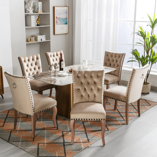 Dining Chair Kitchen Chair Living Room Chair With Unique Door Clamp On The Back, 6 Pieces, Upholstered Chair With Nail Head Occupation, Legs Made Of Solid Wood, Velvet Cover, Light C Amel
