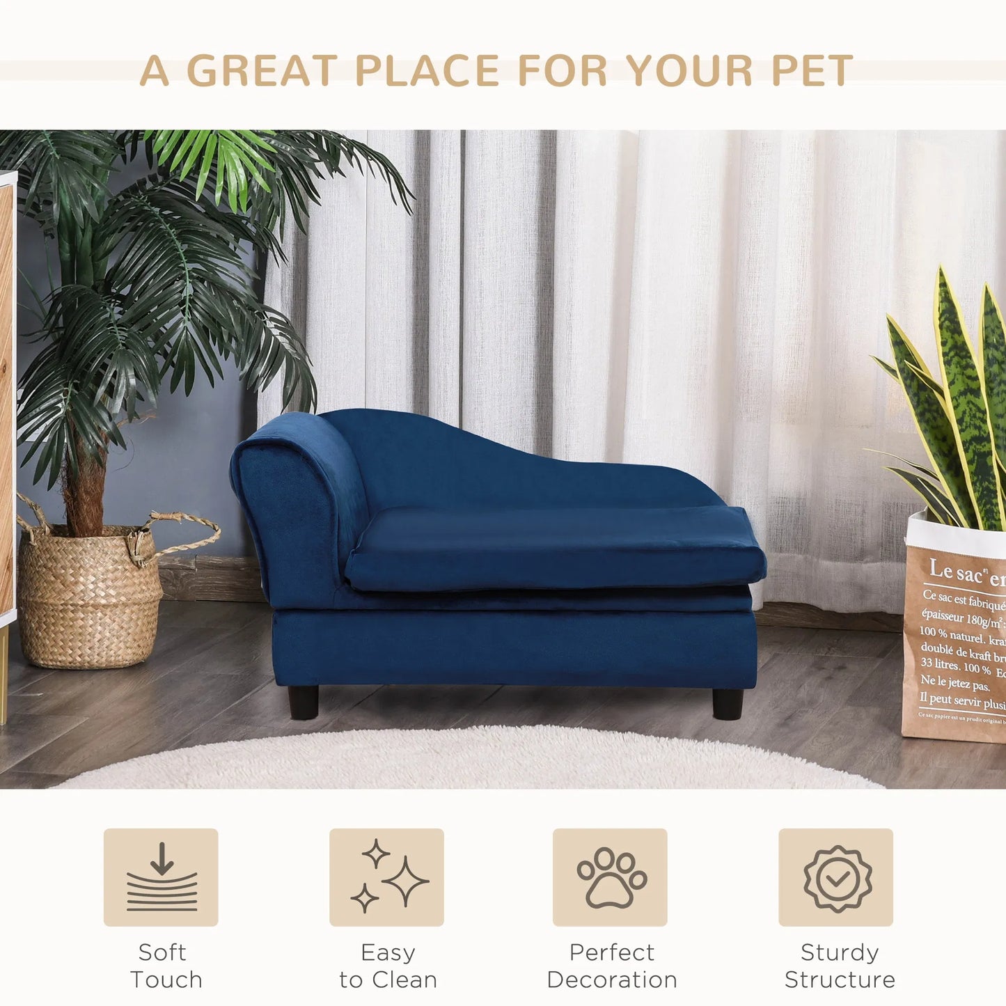 Pet Sofa Bed With Storage, Cushy Couch For Cats And Small Dogs, Soft Foam Couch, Modern Pet Furniture, Blue