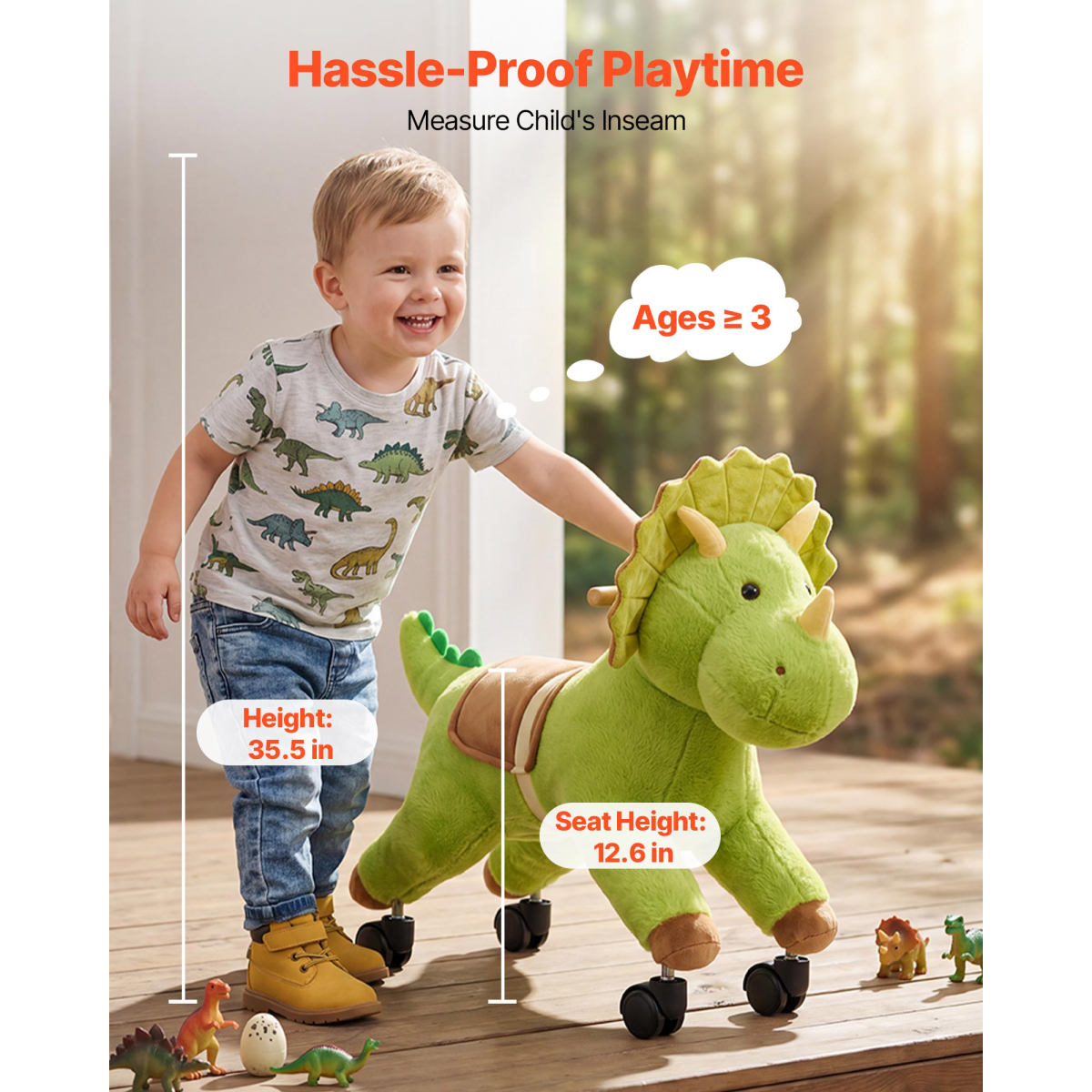 Ride On Horse, Riding Dinosaur Toys For Kids, Features Lifelike Dinosaur Roars, No Battery Required, 360-Degree Flexible Smooth Wheels, Soft Seat, 88 Lbs Max Load Capacity For Toddlers Ages 3