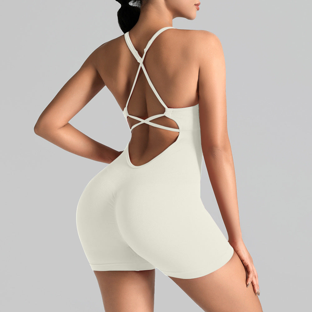 Seamless One-Piece Yoga Jumpsuit, Outdoor Back-Support Sports Bra, Peach Butt Fitness Outfit, Strappy Skin-Tight Bodysuit