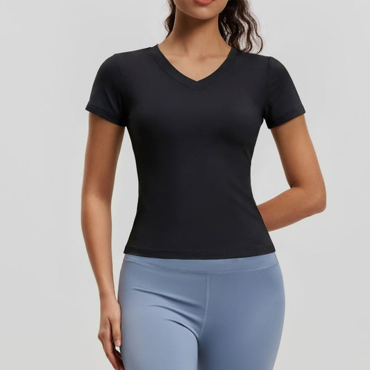 Peach-Color Basic V-Neck Short-Sleeve Sports Yoga Top For Women