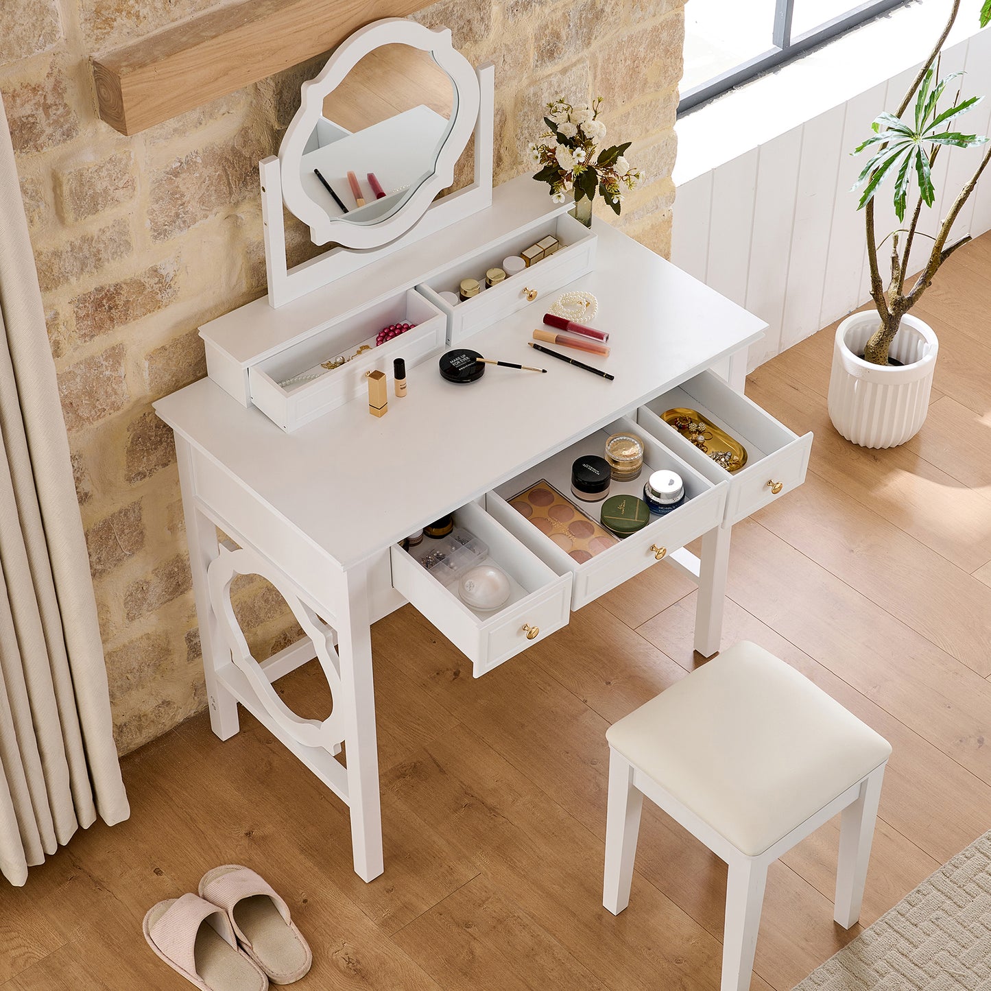 Compact Makeup Vanity Table With Reversible Mirror, Dressing Table Set With Stool, Space-Saving Beauty Station For Small Places, White