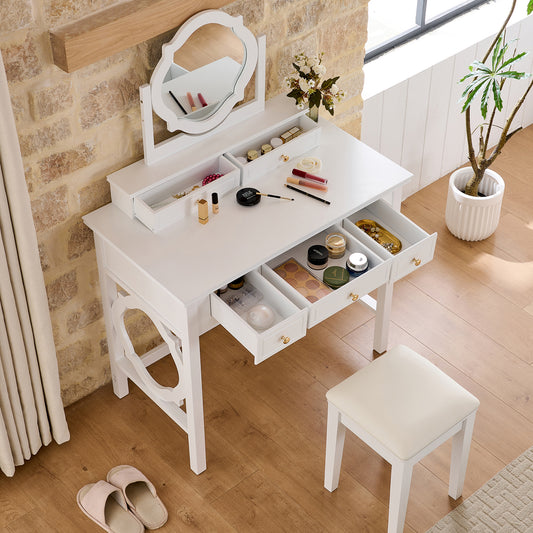 Compact Makeup Vanity Table With Reversible Mirror, Dressing Table Set With Stool, Space-Saving Beauty Station For Small Places, White