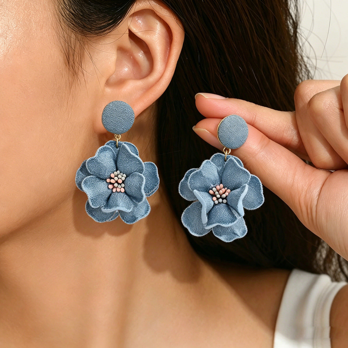 European And American Cross-Border Women's Earrings, Geometric Fabric Flower Pendant Design, High-End Earrings, Niche Fashion Ear Accessories