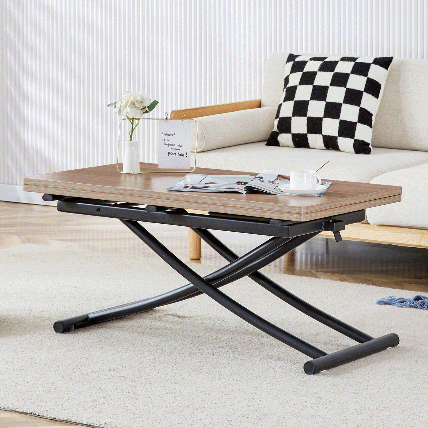 Modern Minimalist Multifunctional Lifting Table, With A 0.8-inch Wood Grain Process Sticker Desktop And Black Metal Legs, Can Be Used As A Dressing Table, Coffee Table, Dining Table, And Office Table