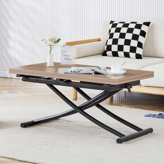 Modern Minimalist Multifunctional Lifting Table, With A 0.8-inch Wood Grain Process Sticker Desktop And Black Metal Legs, Can Be Used As A Dressing Table, Coffee Table, Dining Table, And Office Table