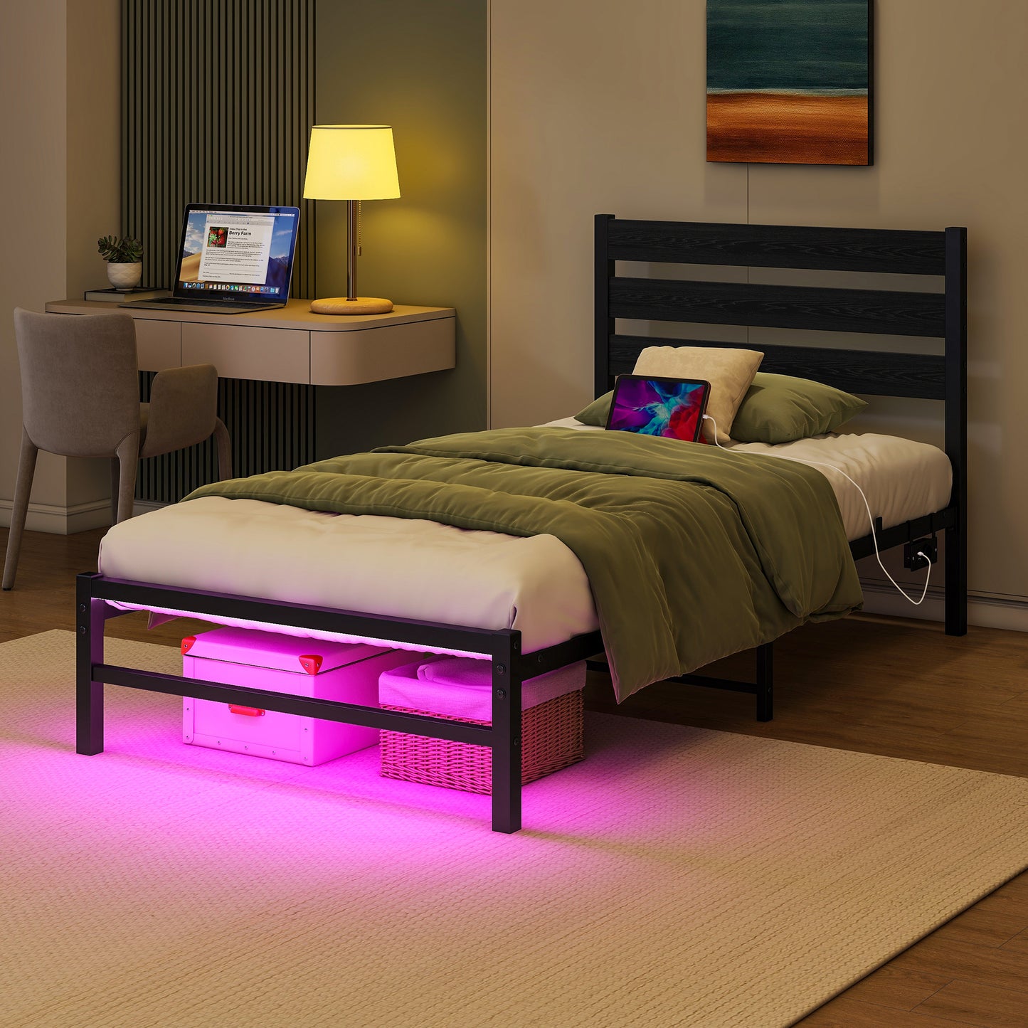 90x200cm Bed Frame With Headstock, Metal Bed Frame With USB Charging Station, LED Bed Frame, Strong Steel Layer Support, Under Bed Storage, No Box Spring Required, Noise-Free, Easy Assembly