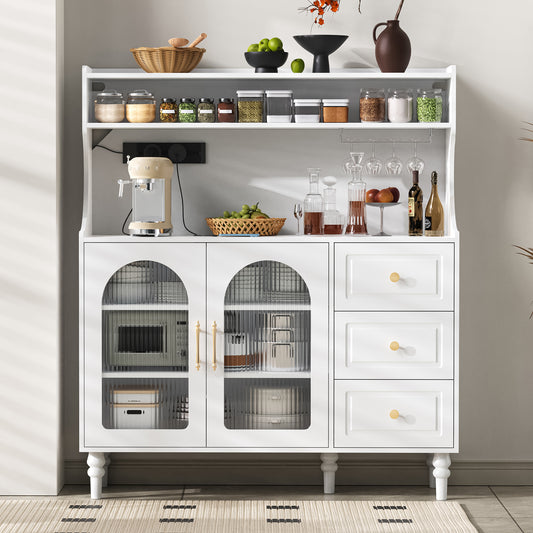 Tall Cabinet With Sockets And Drawers, Bar Cabinet With Wine Glass Holders And Storage Space, Kitchen Buffet Cabinet With Adjustable Layered Shelves, Ideal For Kitchen And Dining Room  White