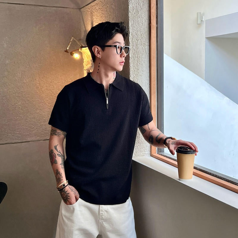 Mens Seasonal Lapel Knitted Short-Sleeve T-Shirt
