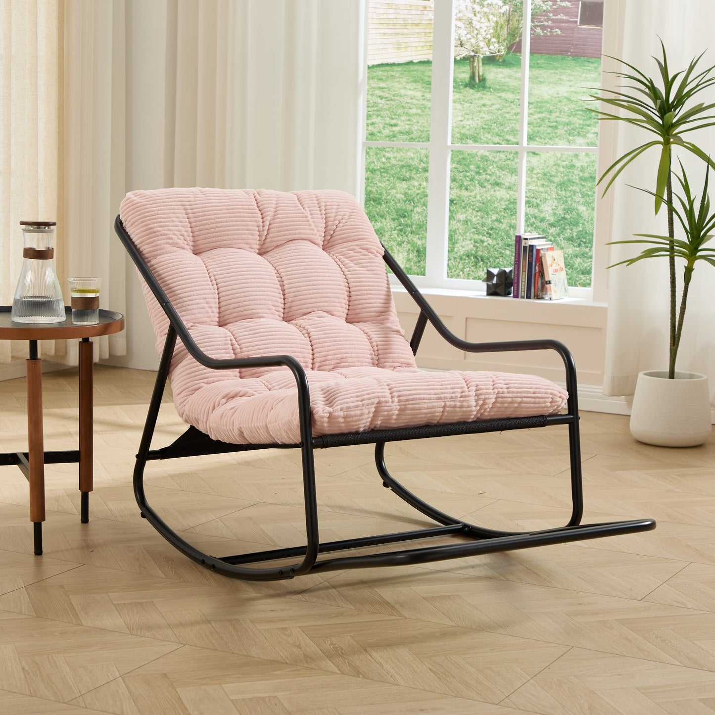 Outdoor Rocking Chair, Comfy Cushion, With Soft Thick Cushion,for Living Room, Bedroom, Reading Room, Black Frame With   Cushion