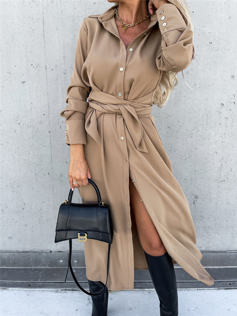 Women's Elegant Lapel Collar Long Sleeve Button Down Belted Shirt Dress, Casual Maxi Dresses With Slit For Office & Daily Wear