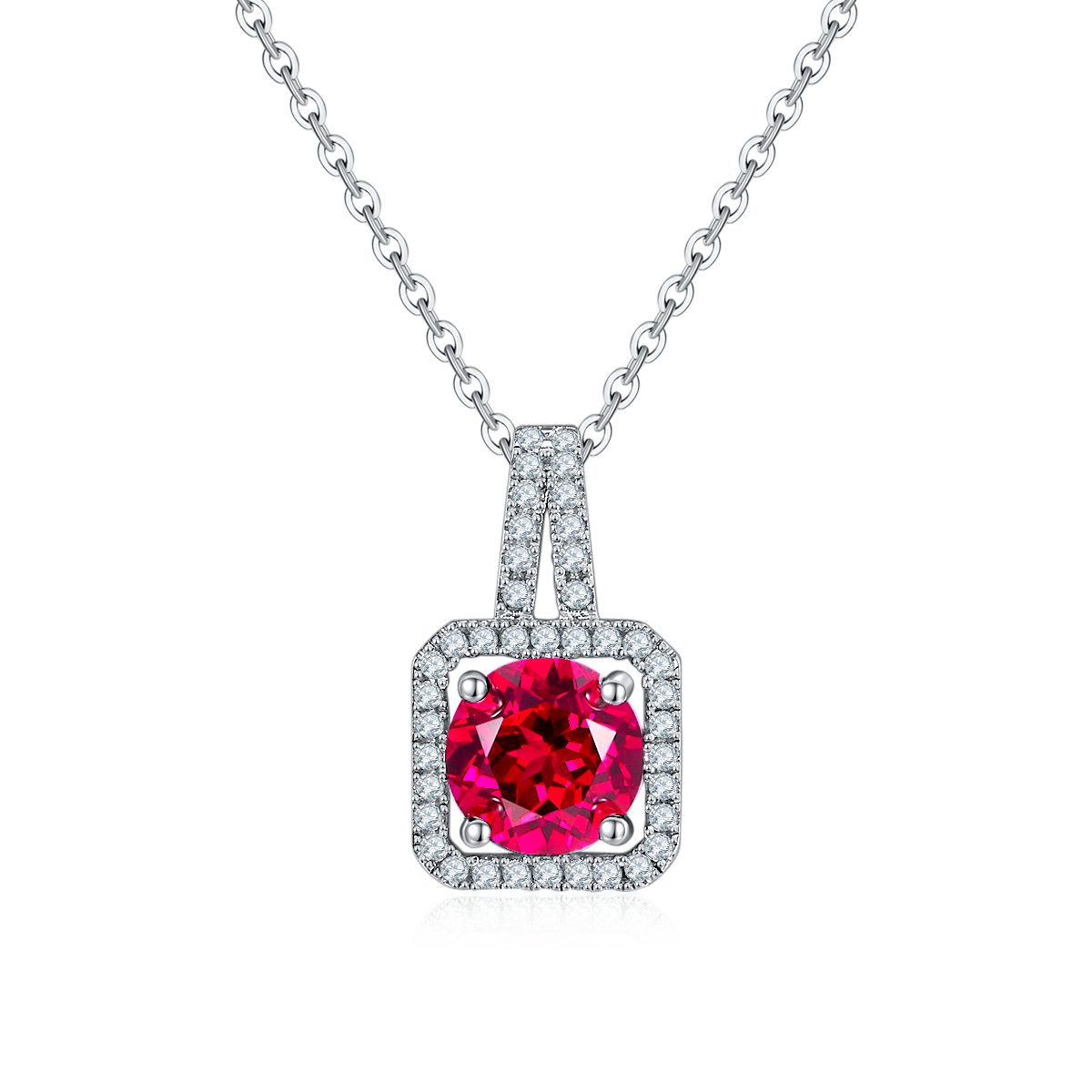 S925 Sterling Silver 2ct Lab-Grown Ruby Emerald Pendant Necklace, Platinum Plated Square Halo With Split Pave Bail, Women's Fine Jewelry Gift Box