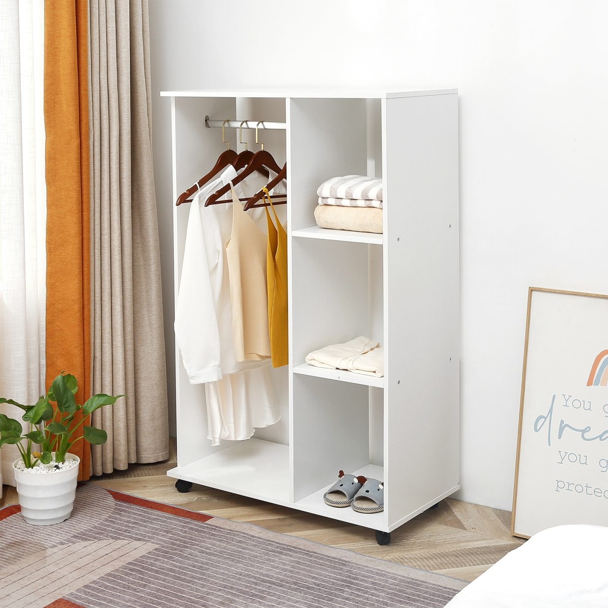 Open Wardrobe On Wheels, Bedroom Wardrobe With Clothes Hanging Rail, 3 Storage Shelves, Mobile Garment Rack For Cloakroom, Hallway, White