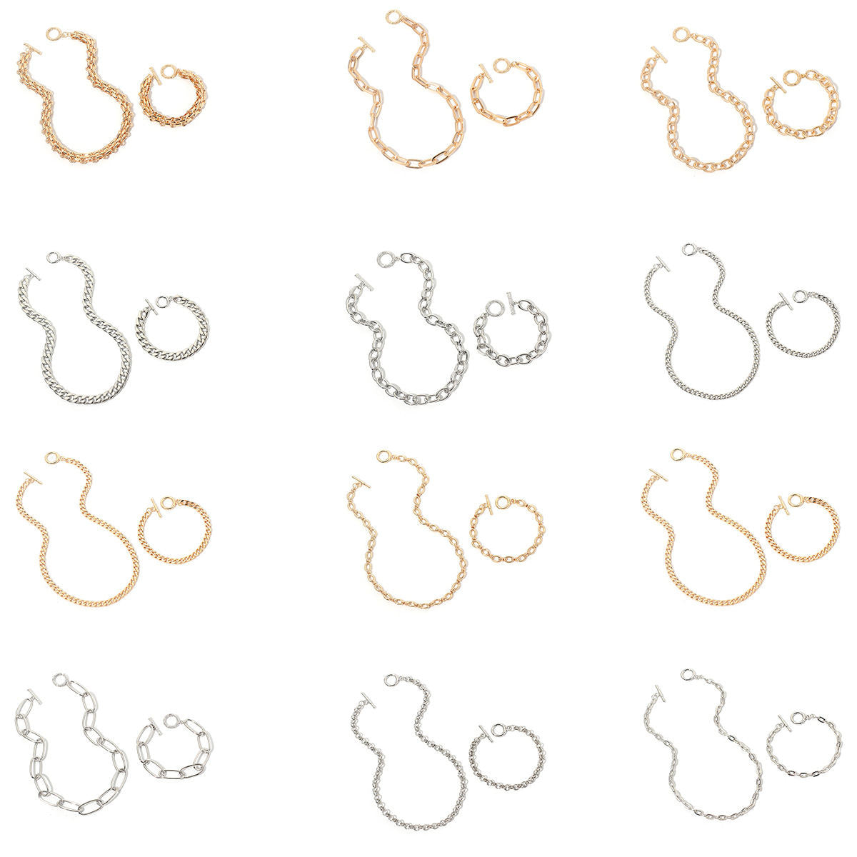 Ins Europe And America Cross Border Accessories Hip Hop Twin Cuban Link Chain Necklace, Bracelet Set Female Fashion Metal Chain Clavicle Chain