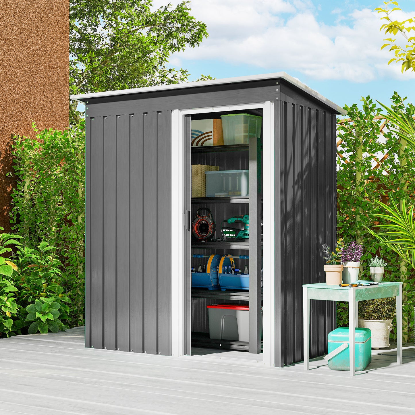 5 X 3ft Garden Storage Shed With Sliding Door And Sloped Roof Outdoor Equipment Tool, Light Grey