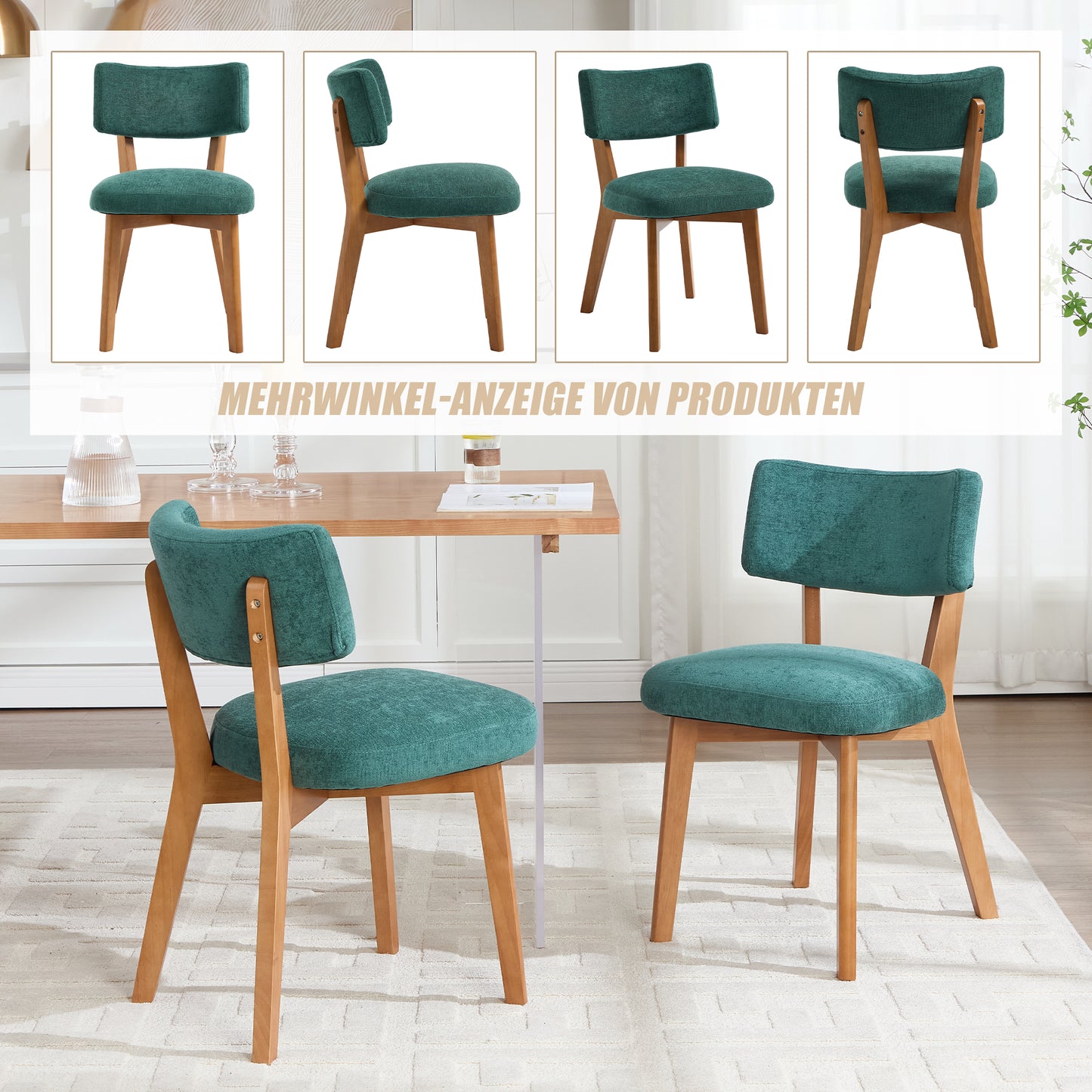Mid-Century Modern Dining Chair Set Of 2, Solid Wood Legs Fabric Upholstered Seat For Kitchen, Dining Room Or Office Green Linen
