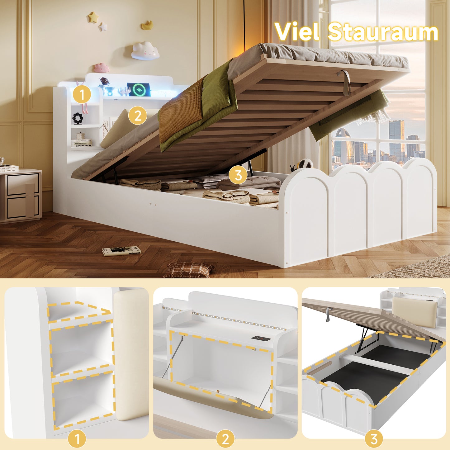 Panel Bed, 90x200 Cm, Hydraulic, With USB Type-C Charging, LED Lighting, Push-button App, Without Mattress, Flip-top Storage Compartment, Multifunctional Storage, White