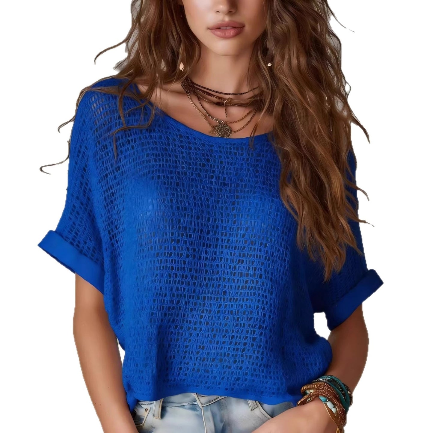 New Womens Bohemian Crochet-knit Solid-color Short-sleeve Sweater