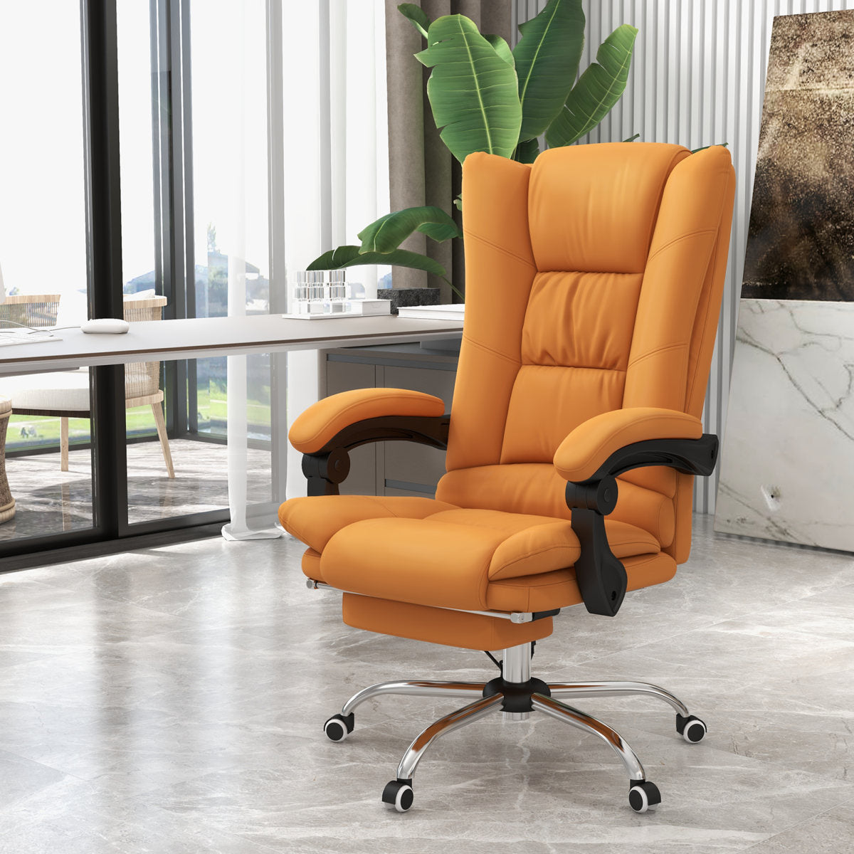 PU Leather Executive Massage Office Chair with 4 Vibration, Reclining w/ Adjustable Height, Swivel Wheels, Light Brown