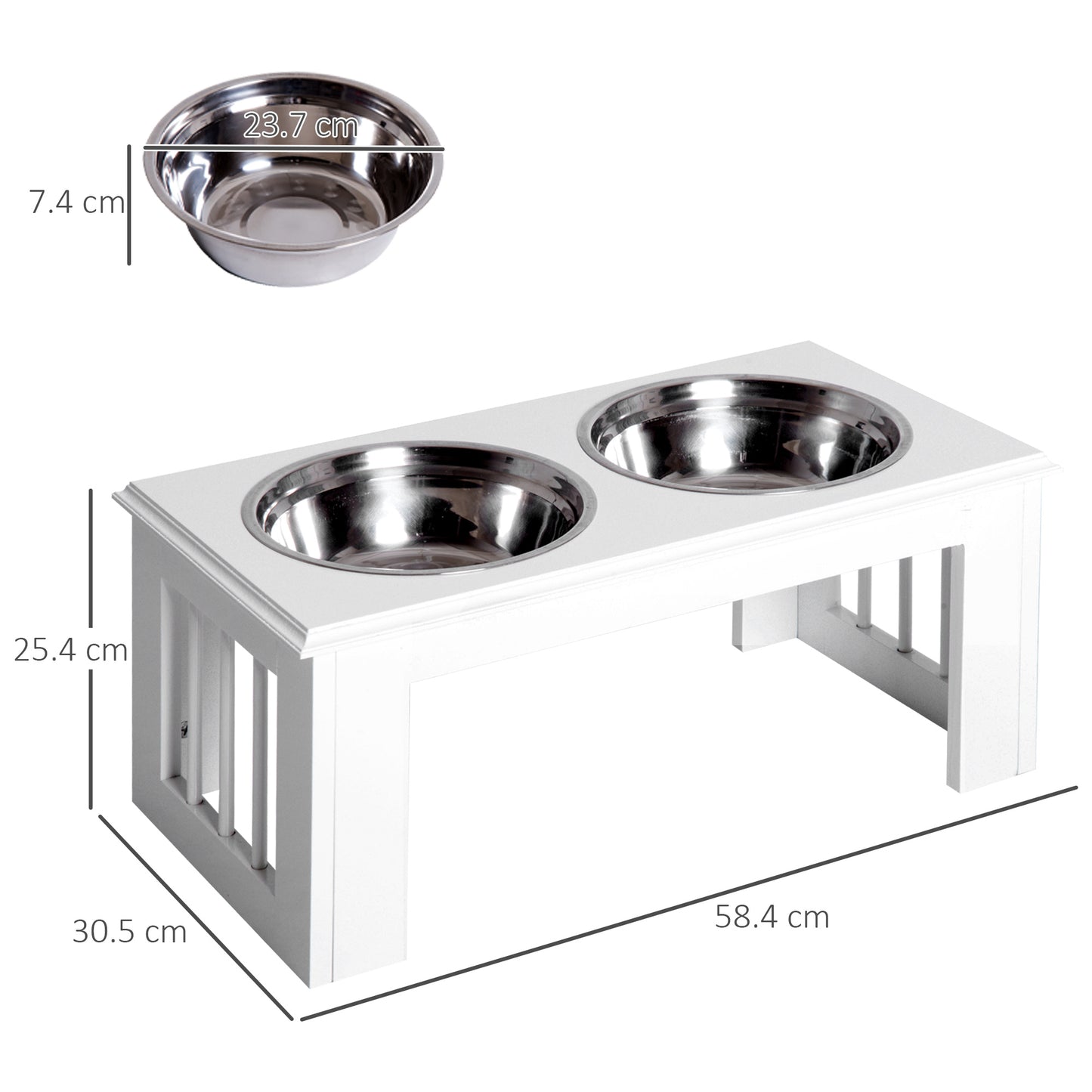 PawHut Raised Dog Feeding Bowls With Stand, Stainless Steel For Medium Dog, 58L X 31W X 25H Cm - White