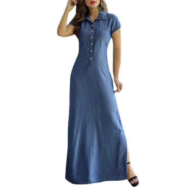 Women's Denim Look Turn Down Collar Short Sleeve Button Front Maxi Dress, Casual A-Line Long Dress For Daily & Office