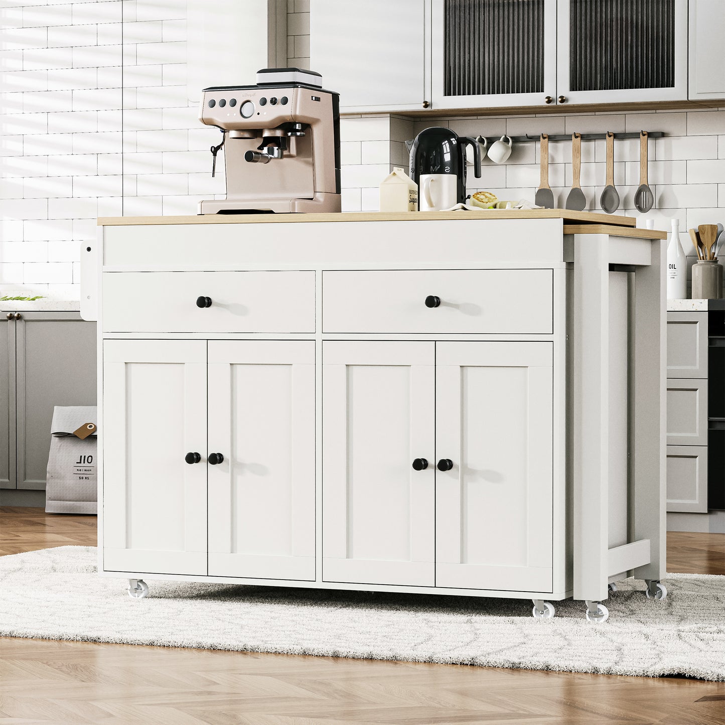 K&K 74.5 Inch Kitchen Island With Extendable Dining Table , Rolling Kitchen Island On Wheels With Spice Rack And 2 Drawers, 4 Door Cabinet, For Kitchen, Dining Room, White  One Package