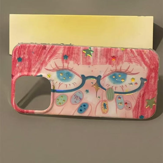 Hair Blue Glasses Laser-Printed Star Design Phone Case For Nail Art