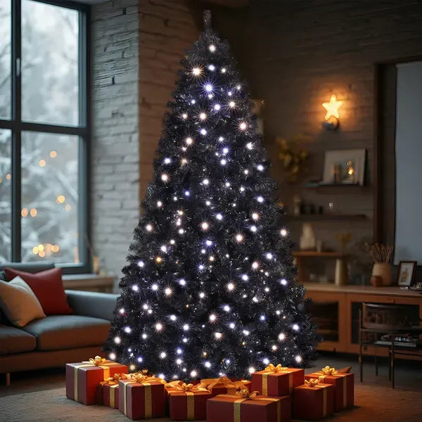 7.5 FT Pre-lit Artificial Christmas Tree, Hinged Xmas Pine Tree With 1350 Branch Tips, 400 Lights And Remote Control For Holiday Party Office Home, Black