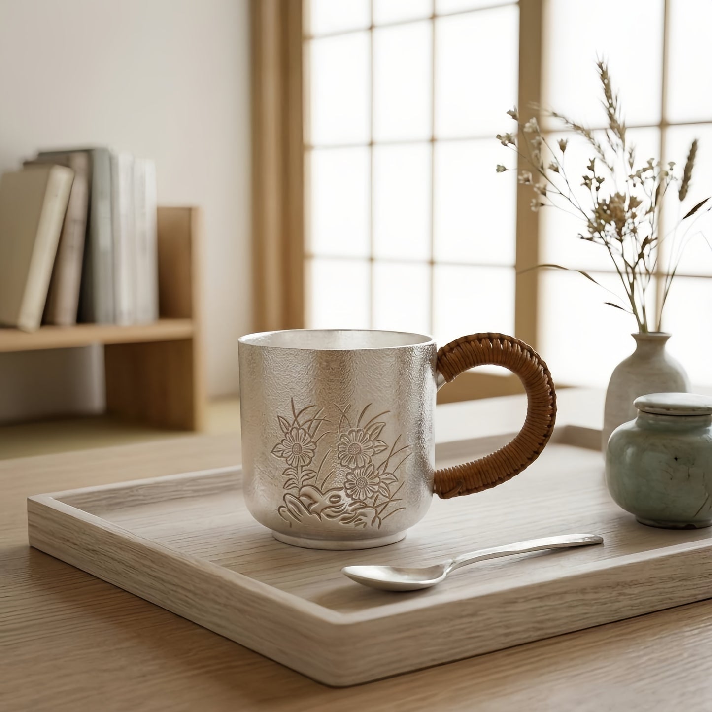 925 Sterling Silver Elegant Silver Tea Cup with Embossed Floral Design and Woven Rattan Handle - Handicraft
